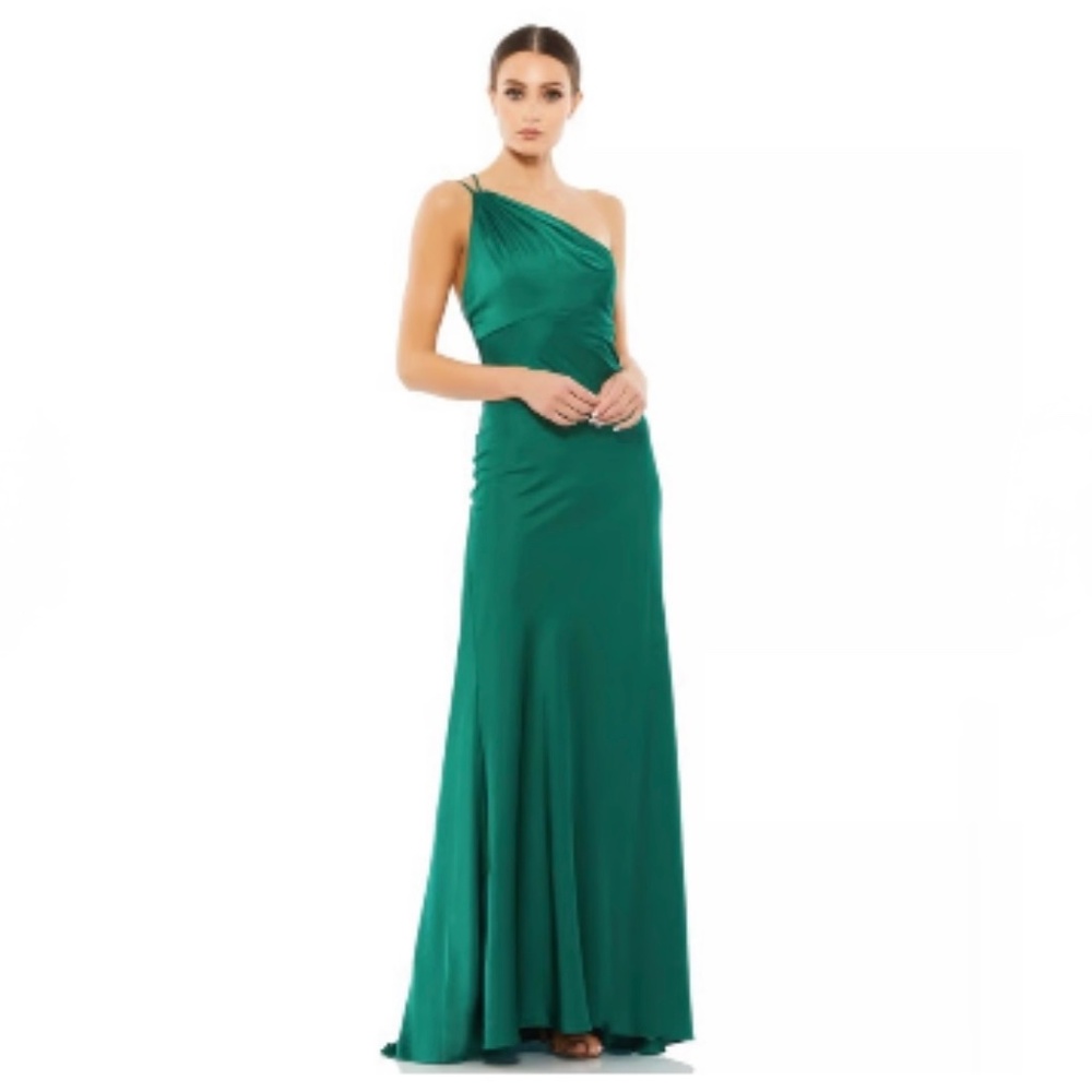 Mac Duggal Emerald Satin Double Strap One Shoulder Dress